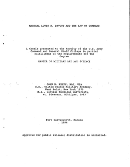 MARSHAL LOUIS N. DAVOUT and the ART of COMMAND a Thesis