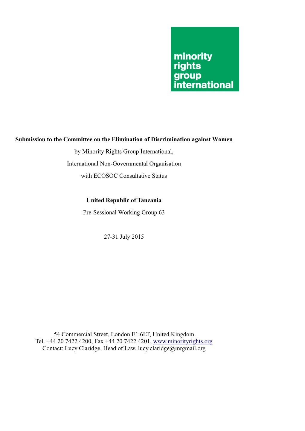 Submission to the Committee on the Elimination of Discrimination Against Women by Minority Rights Group International, Internati