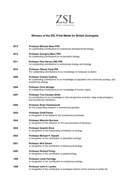 Winners of the ZSL Frink Medal for British Zoologists