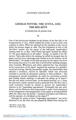 GEORGE POTTER, the JUNTA, and the BEE-HIVE (Continued from the Previous Issue)