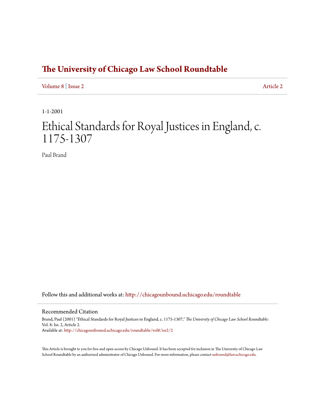 Ethical Standards for Royal Justices in England, C. 1175-1307 Paul Brand