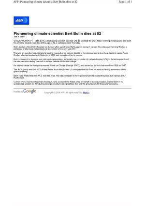 Of 1 AFP: Pioneering Climate Scientist Bert Bolin Dies at 82