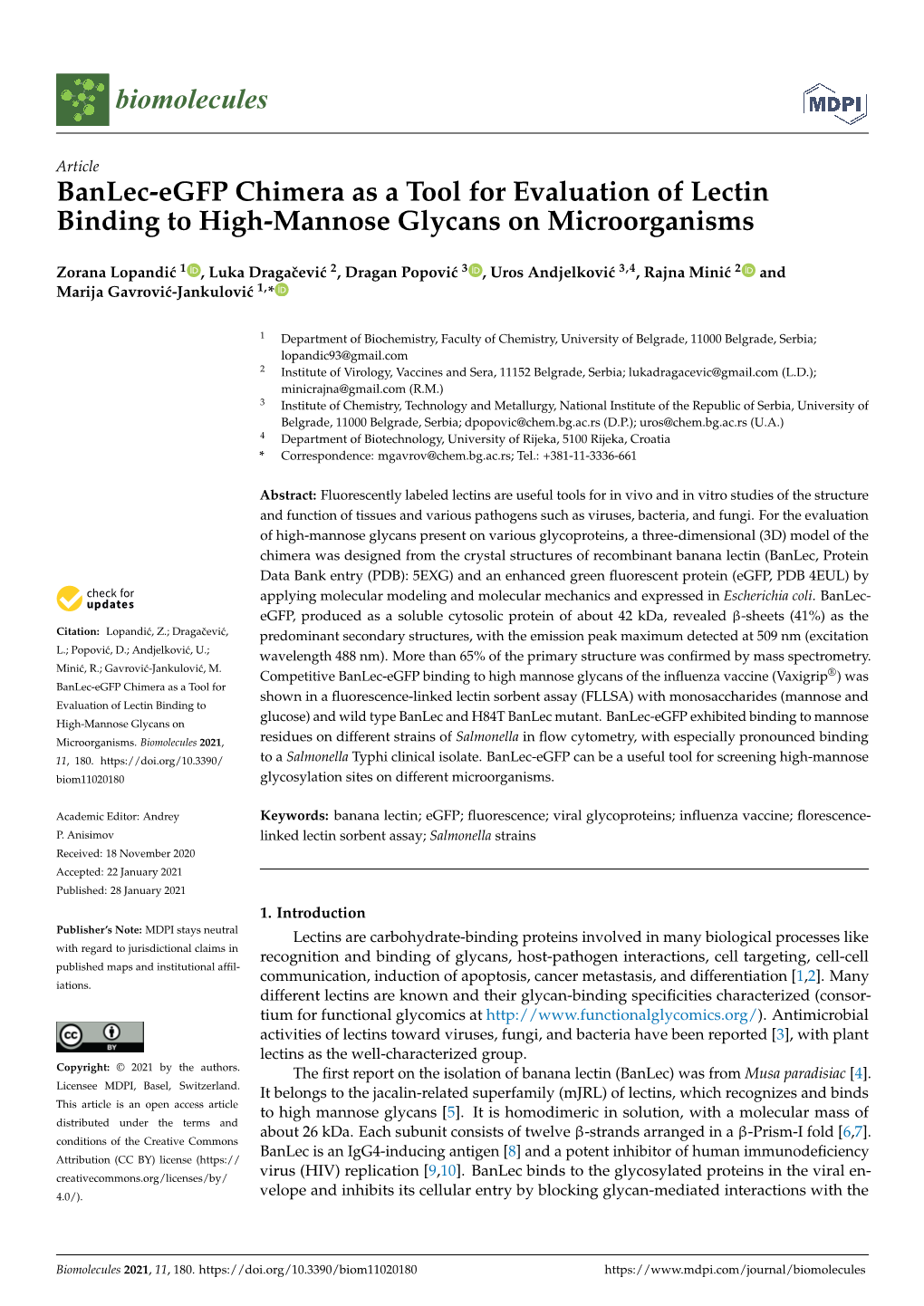 Banlec-Egfp Chimera As a Tool for Evaluation of Lectin Binding to High-Mannose Glycans on Microorganisms