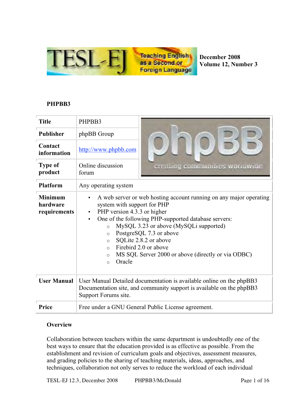 December 2008 Volume 12, Number 3 PHPBB3 Title PHPBB3 Publisher