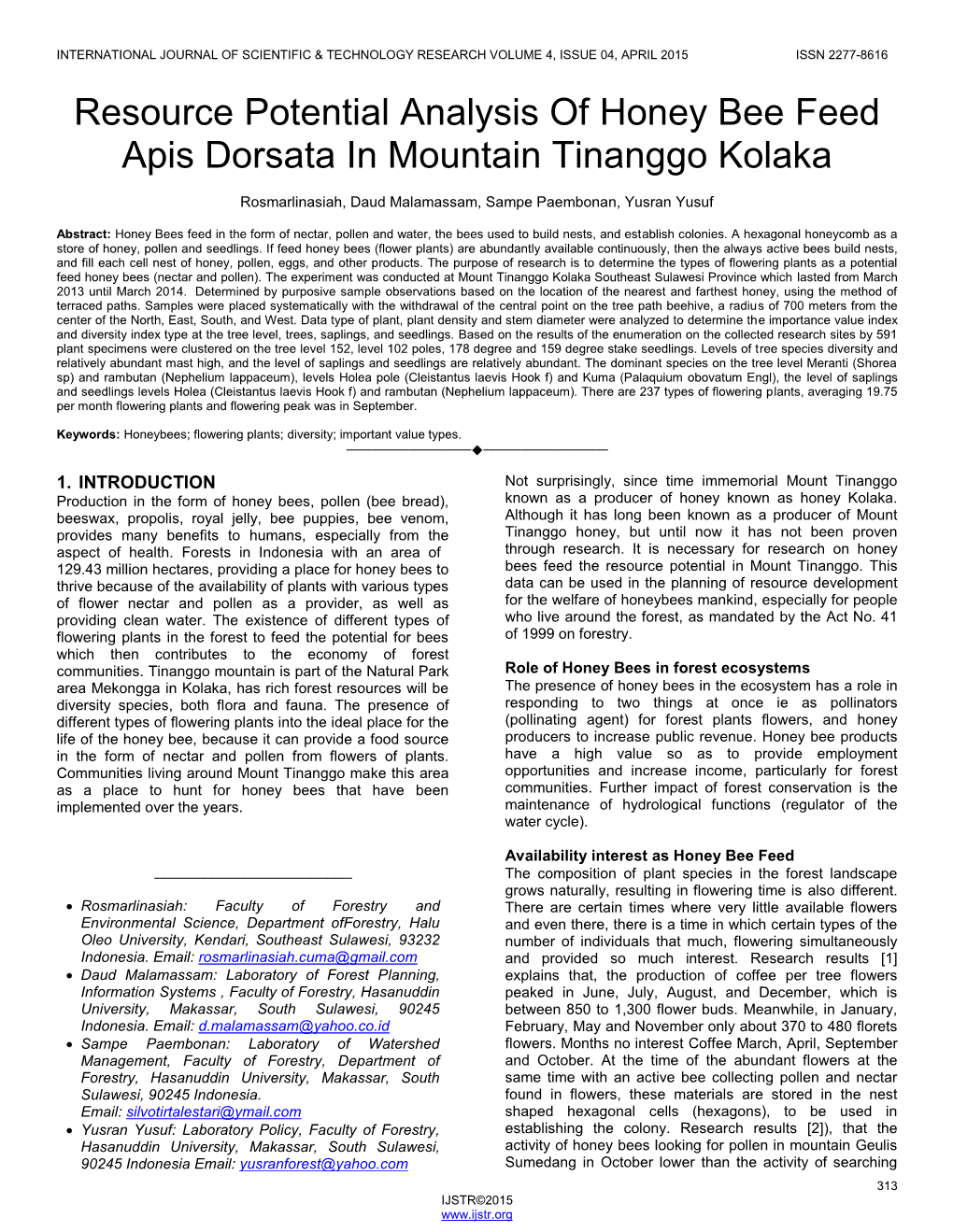 Resource Potential Analysis of Honey Bee Feed Apis Dorsata in Mountain Tinanggo Kolaka