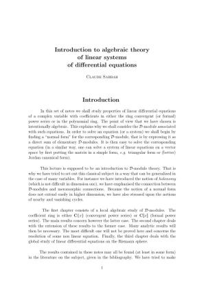 Introduction to Algebraic Theory of Linear Systems of Differential
