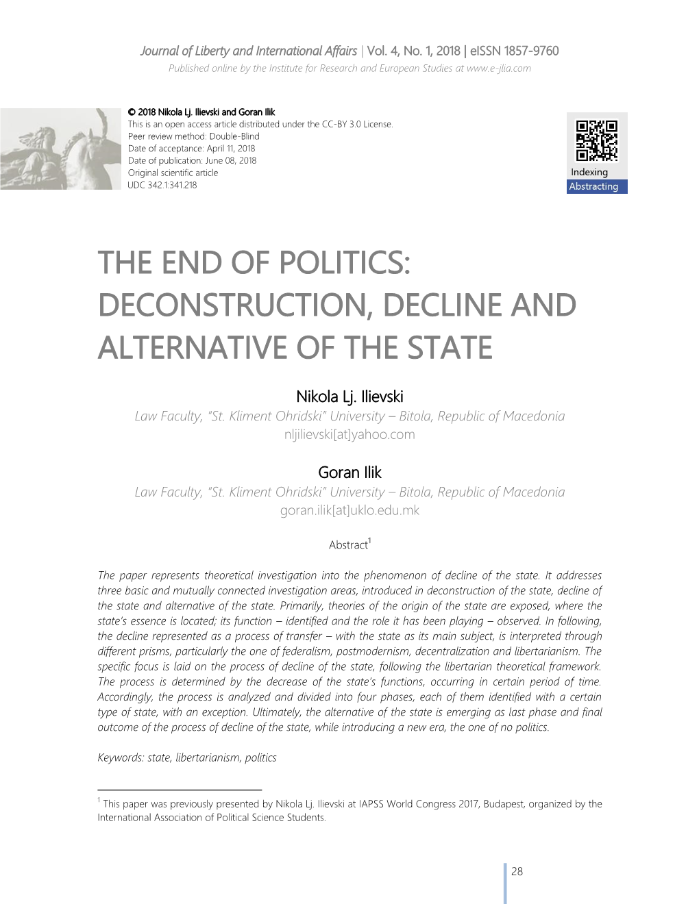 The End of Politics: Deconstruction, Decline and Alternative of the State