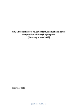 ABC Editorial Review No.6: Content, Conduct and Panel Composition of the Q&A Program (February – June 2015)