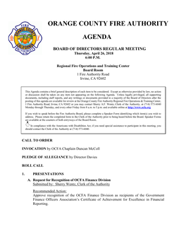 Orange County Fire Authority AGENDA STAFF REPORT Board of Directors Meeting Agenda Item No