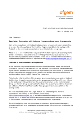 Open Letter: Cooperation with Switching Programme Governance Arrangements