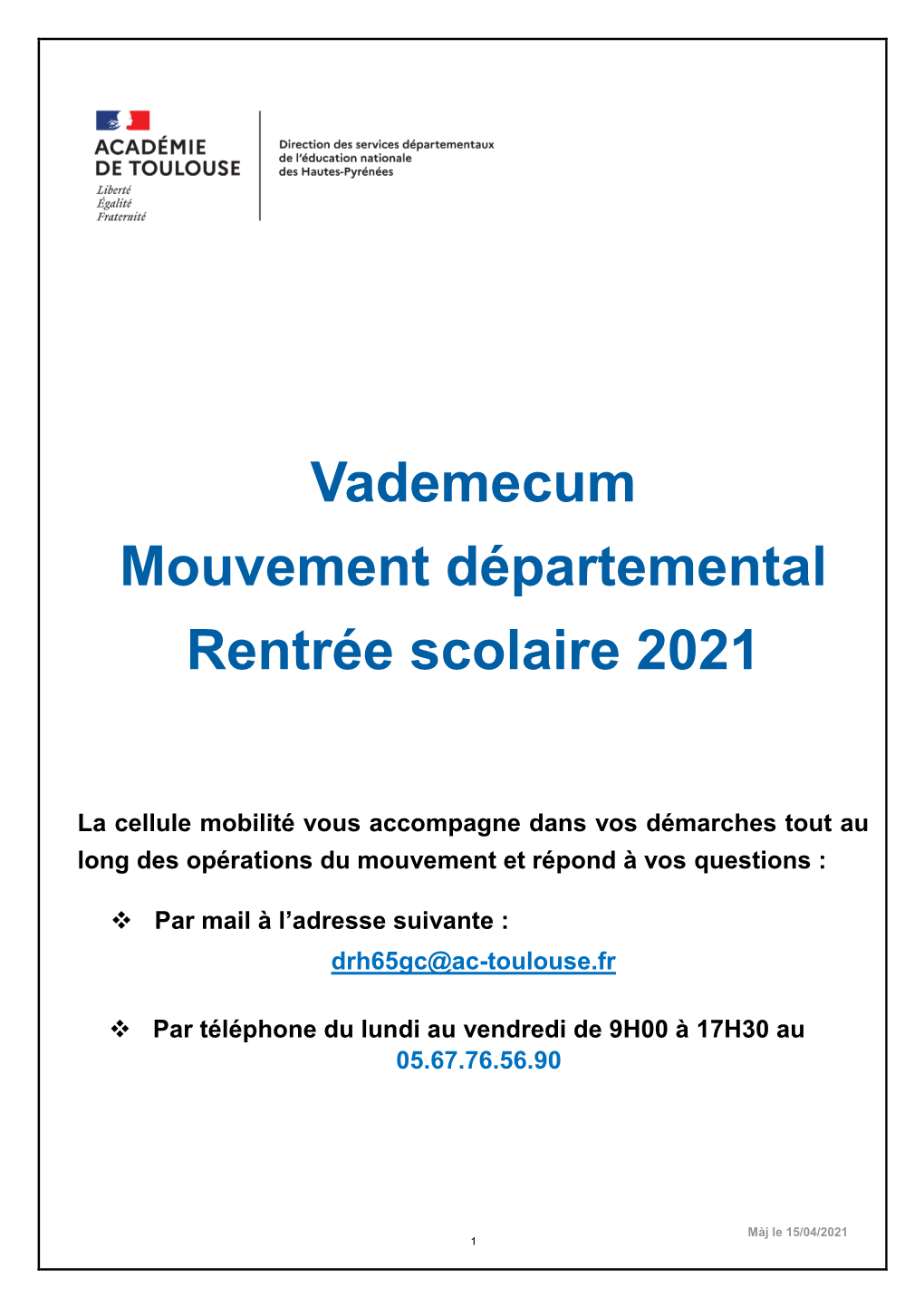 Vademecum Mouvement Départemental Rentrée Scolaire 2021