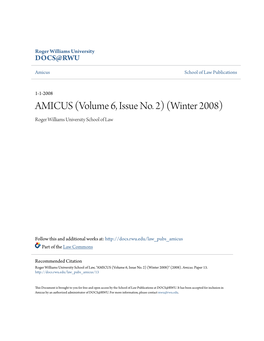AMICUS (Volume 6, Issue No. 2) (Winter 2008) Roger Williams University School of Law
