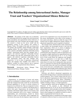 The Relationship Among Interactional Justice, Manager Trust and Teachers' Organizational Silence Behavior