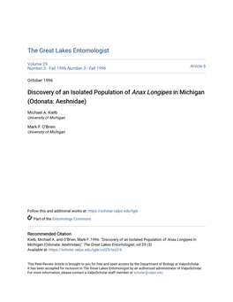 Discovery of an Isolated Population of Anax Longipes in Michigan (Odonata: Aeshnidae)