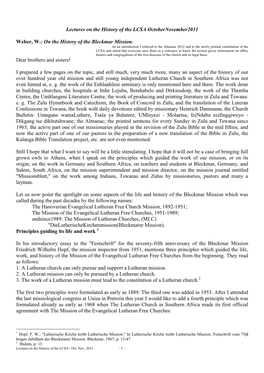 Lectures on the History of the LCSA Octobernovember2011 Weber, W.: on the History of the Bleckmar Mission. Dear Brothers And