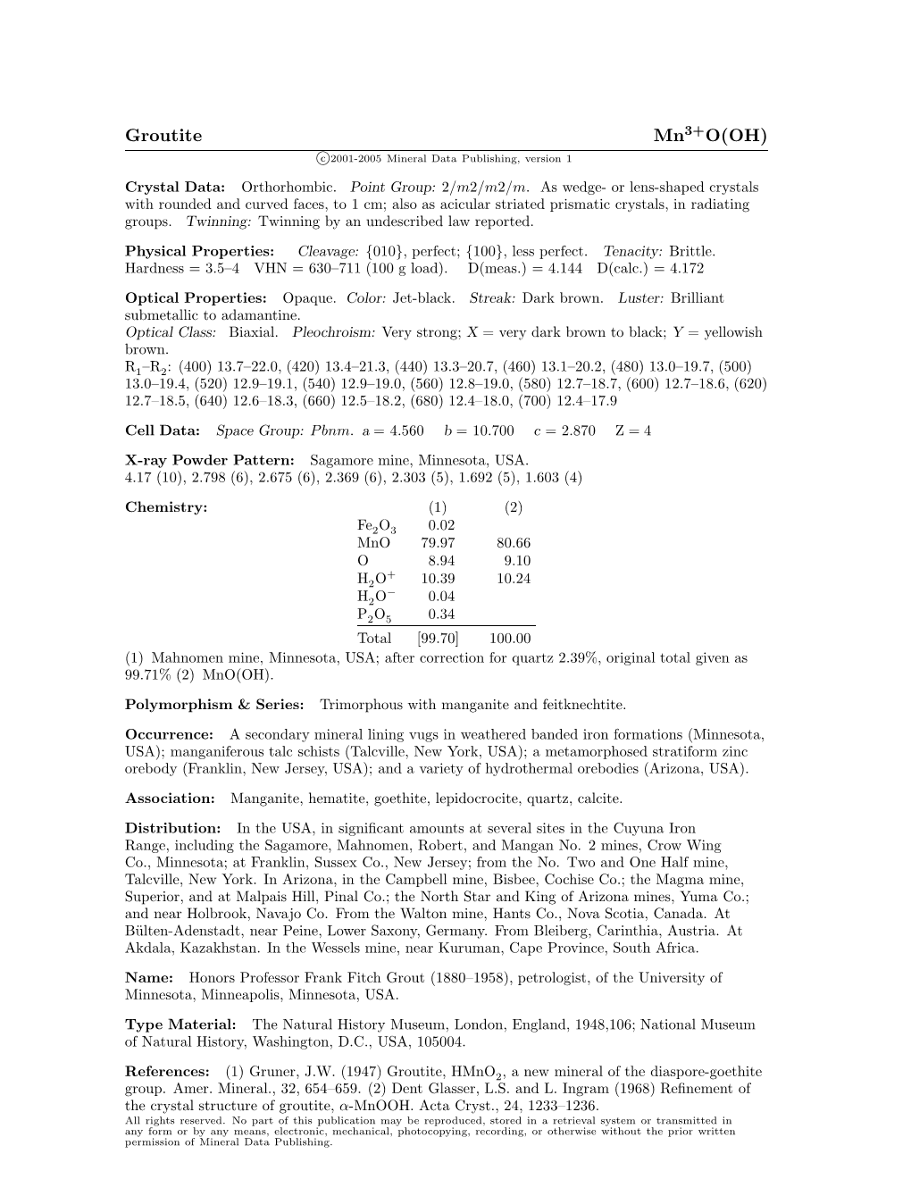 Groutite Mn3+O(OH) C 2001-2005 Mineral Data Publishing, Version 1