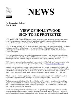 View of Hollywood Sign to Be Protected