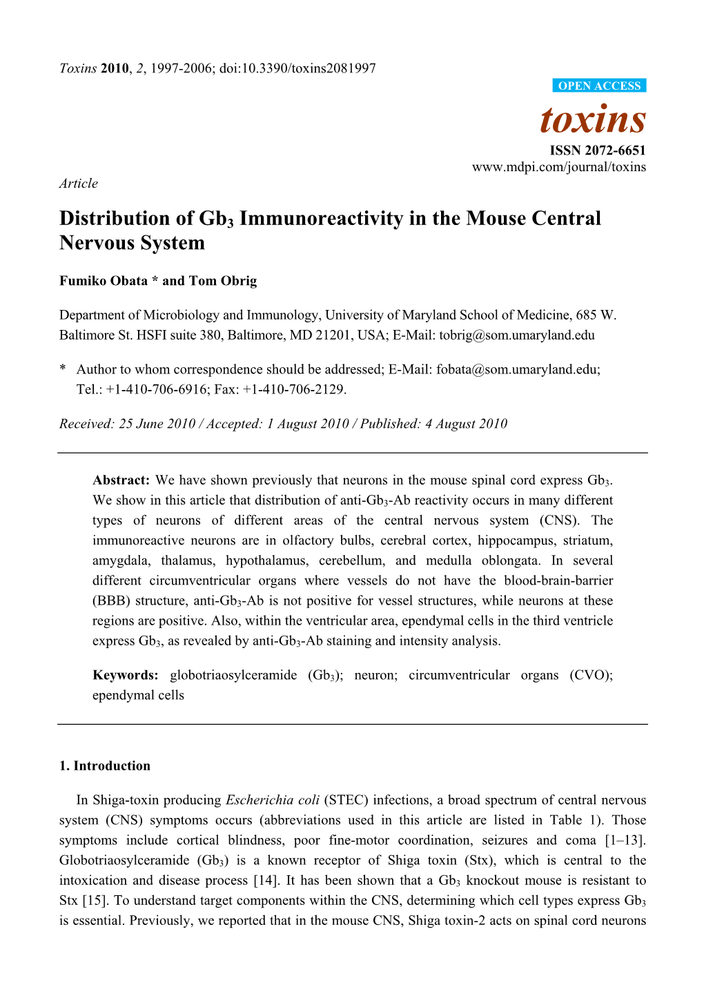 Distribution of Gb3 Immunoreactivity in the Mouse Central Nervous System