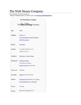 The Walt Disney Company from Wikipedia, the Free Encyclopedia "Disney" Redirects Here