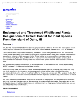Endangered and Threatened Wildlife and Plants; Designations of Critical Habitat for Plant Species from the Island of Oahu, HI 1/9/12 12:31 AM Govpulse