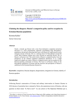 Russia's Compatriot Policy and Its Reception by Estonian-Russian
