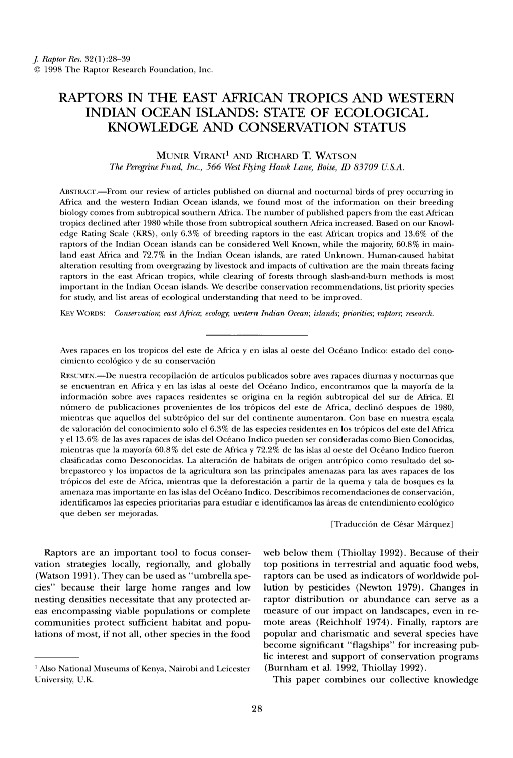 Raptors in the East African Tropics and Western Indian Ocean Islands: State of Ecological Knowledge and Conservation Status