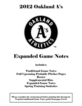 2012 Oakland A's Expanded Game Notes