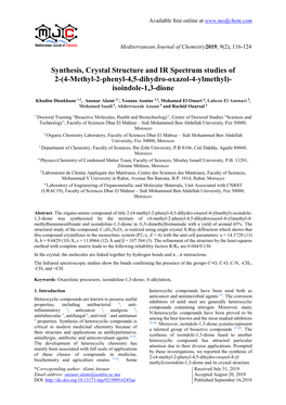 Synthesis, Crystal Structure and IR Spectrum Studies of 2-(4-Methyl-2-Phenyl-4,5-Dihydro-Oxazol-4-Ylmethyl)- Isoindole-1,3-Dione