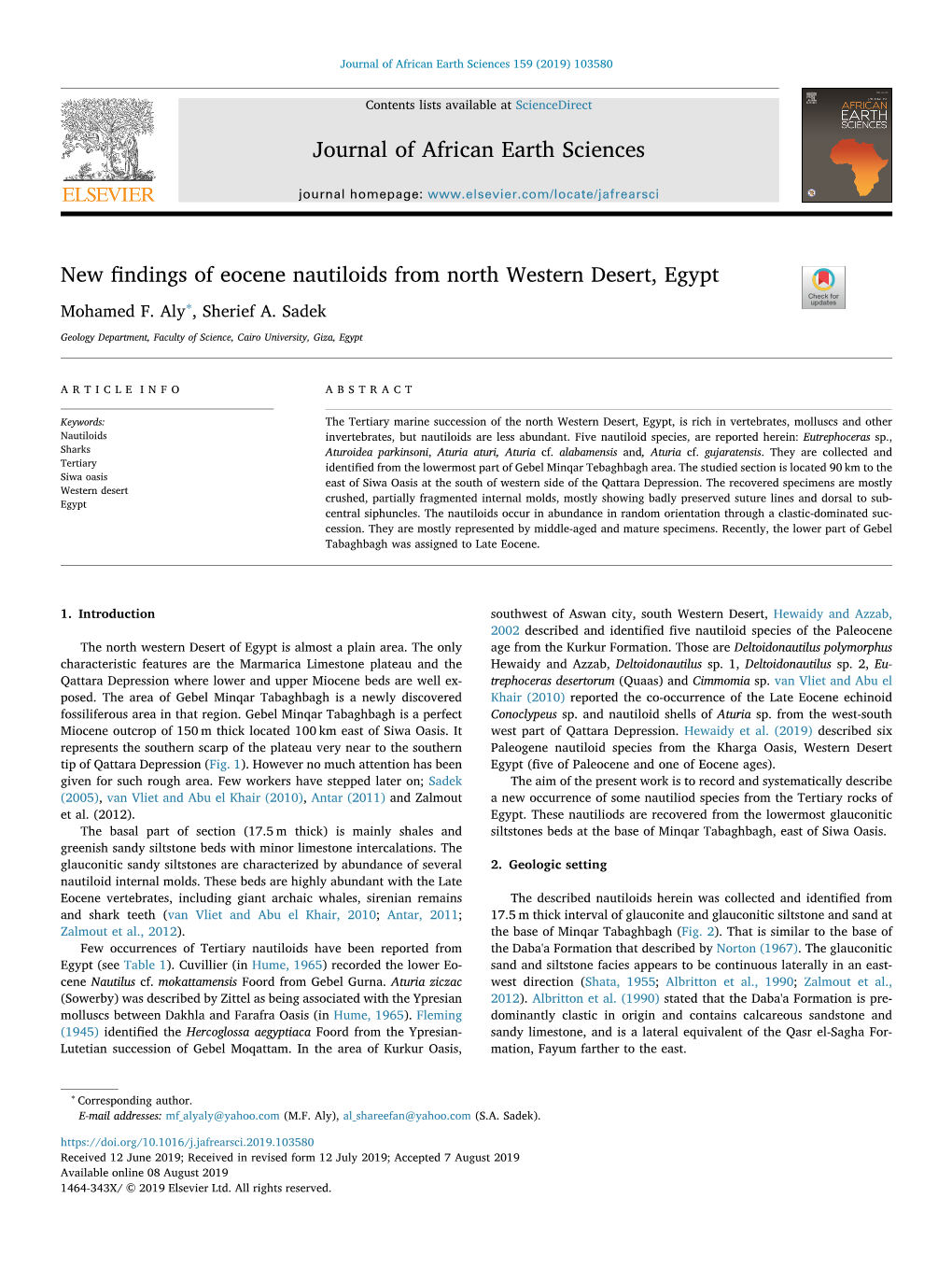 New Findings of Eocene Nautiloids from North Western Desert, Egypt