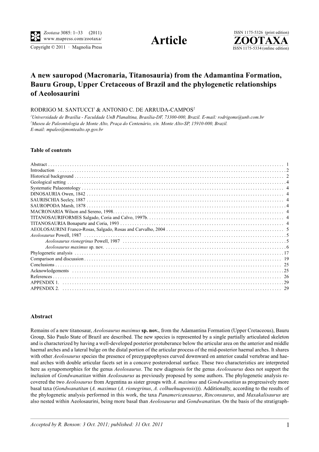 From the Adamantina Formation, Bauru Group, Upper Cretaceous of Brazil and the Phylogenetic Relationships of Aeolosaurini