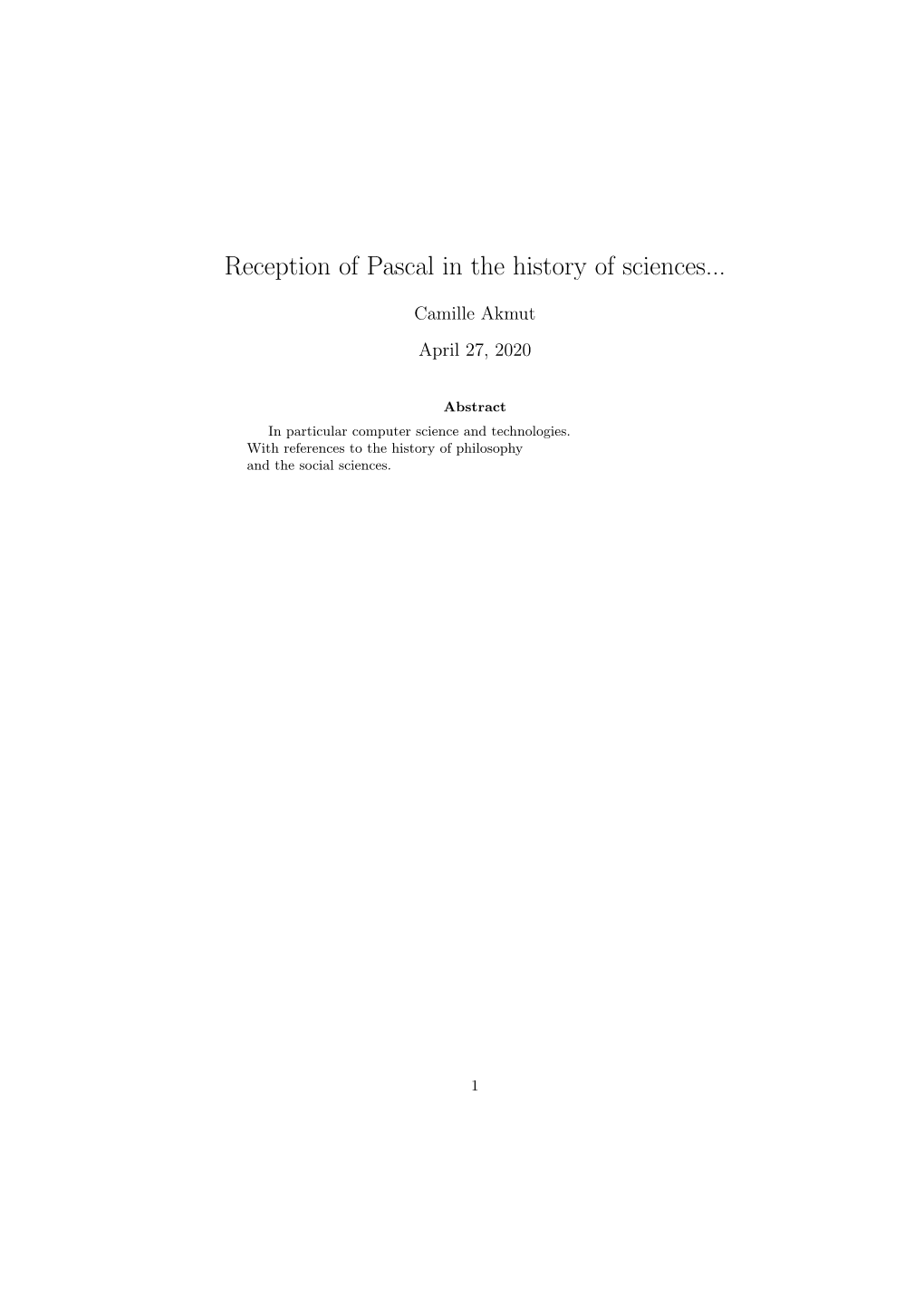 Reception of Pascal in the History of Sciences