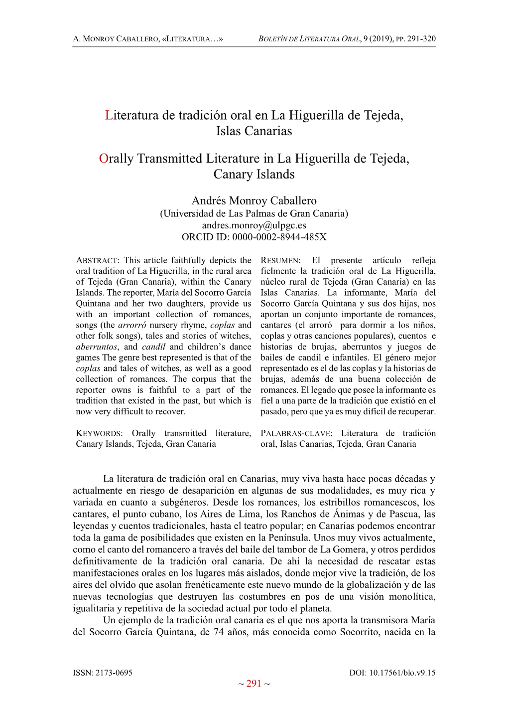 Literatura De Tradición Oral En La Higuerilla De Tejeda, Islas Canarias