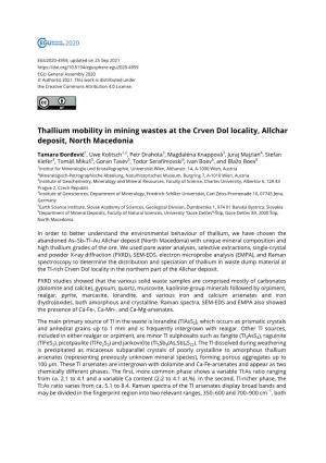 Thallium Mobility in Mining Wastes at the Crven Dol Locality, Allchar Deposit, North Macedonia