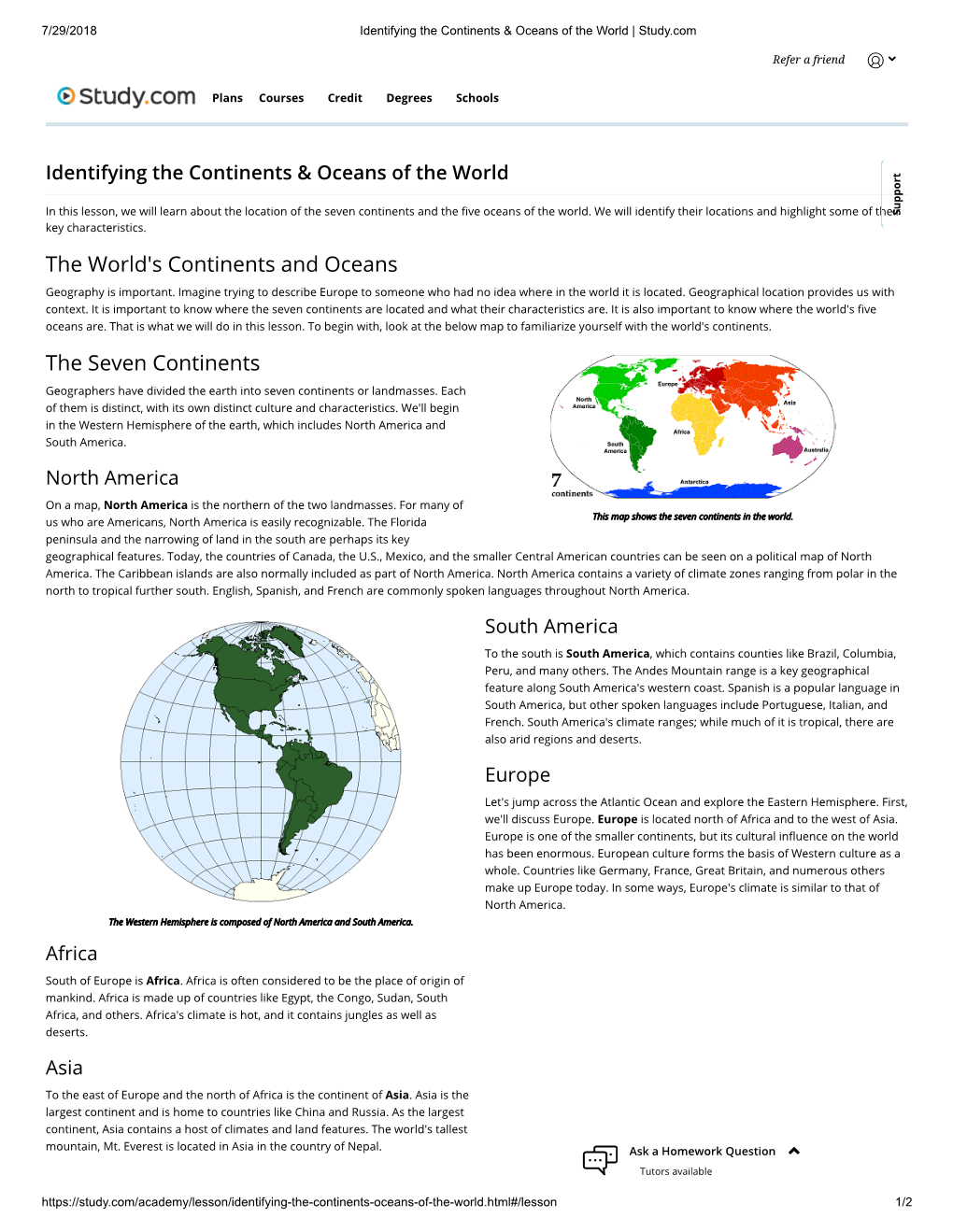 The World's Continents and Oceans the Seven Continents