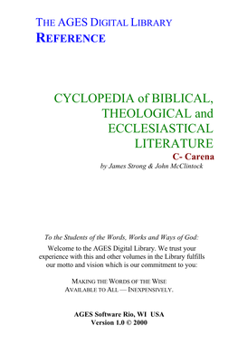 CYCLOPEDIA of BIBLICAL, THEOLOGICAL and ECCLESIASTICAL LITERATURE C- Carena by James Strong & John Mcclintock