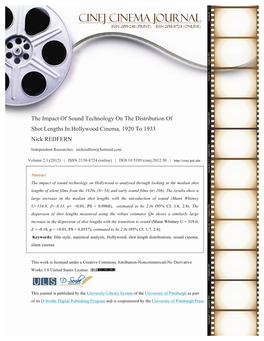 The Impact of Sound Technology on the Distribution of Shot Lengths in Hollywood Cinema, 1920 to 1933 Nick REDFERN