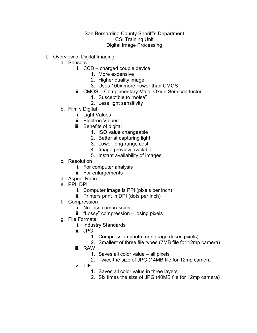 Crime Scene Digital Image Processing Course Outline