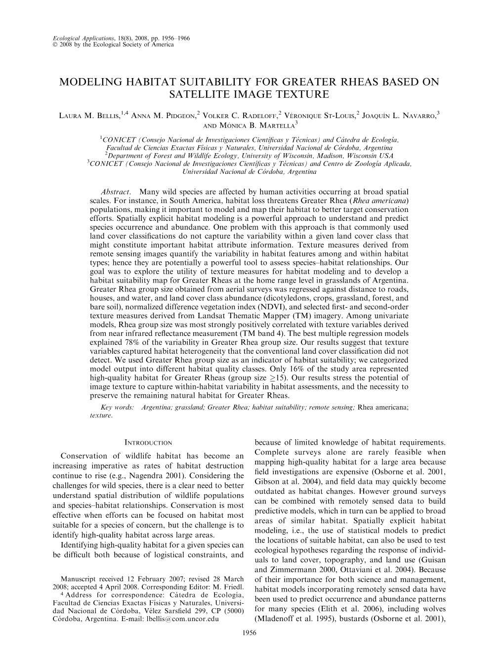 Modeling Habitat Suitability for Greater Rheas Based on Satellite Image