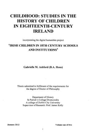 Childhood: Studies in the History of Children in Eighteenth-Century Ireland