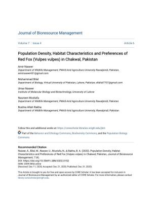 Population Density, Habitat Characteristics and Preferences of Red Fox (Vulpes Vulpes) in Chakwal, Pakistan