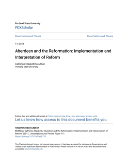 Aberdeen and the Reformation: Implementation and Interpretation of Reform