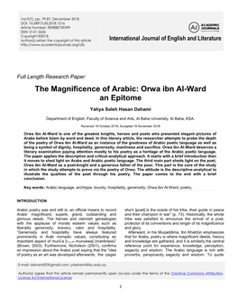 Orwa Ibn Al-Ward an Epitome