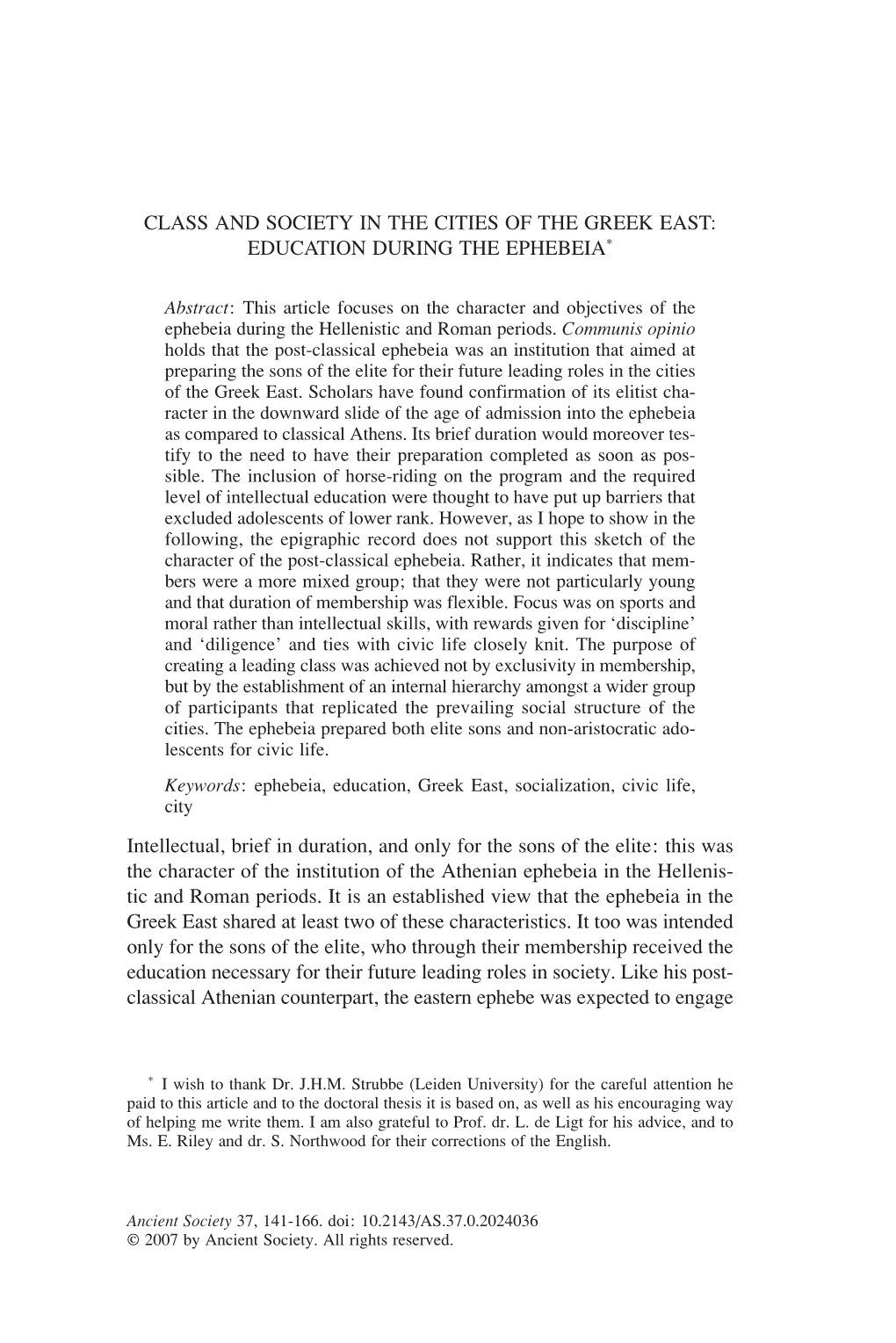 Class and Society in the Cities of the Greek East: Education During the Ephebeia*