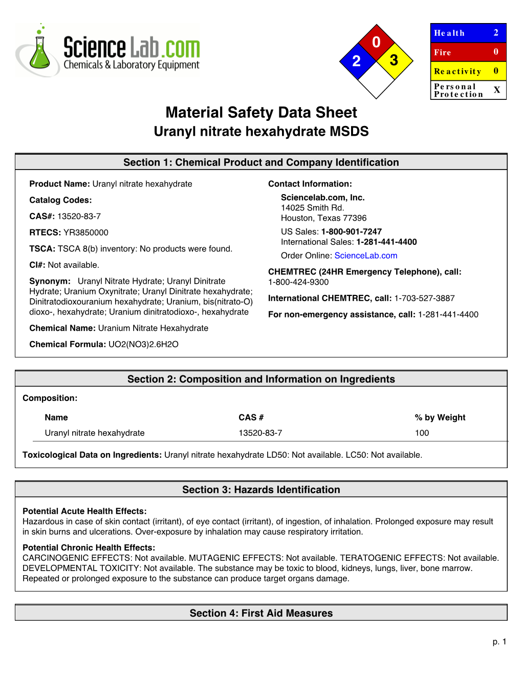 Material Safety Data Sheet Uranyl Nitrate Hexahydrate MSDS DocsLib