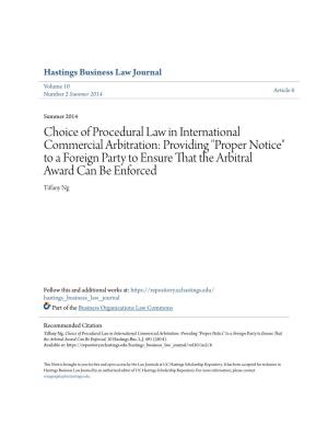 Choice of Procedural Law in International Commercial Arbitration: Providing "Proper Notice" to a Foreign Pa