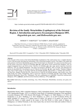 Revision of the Family Metarbelidae (Lepidoptera) of the Oriental Region