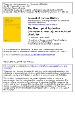 The Neotropical Psylloidea (Homoptera: Insecta): an Annotated Check List I.D