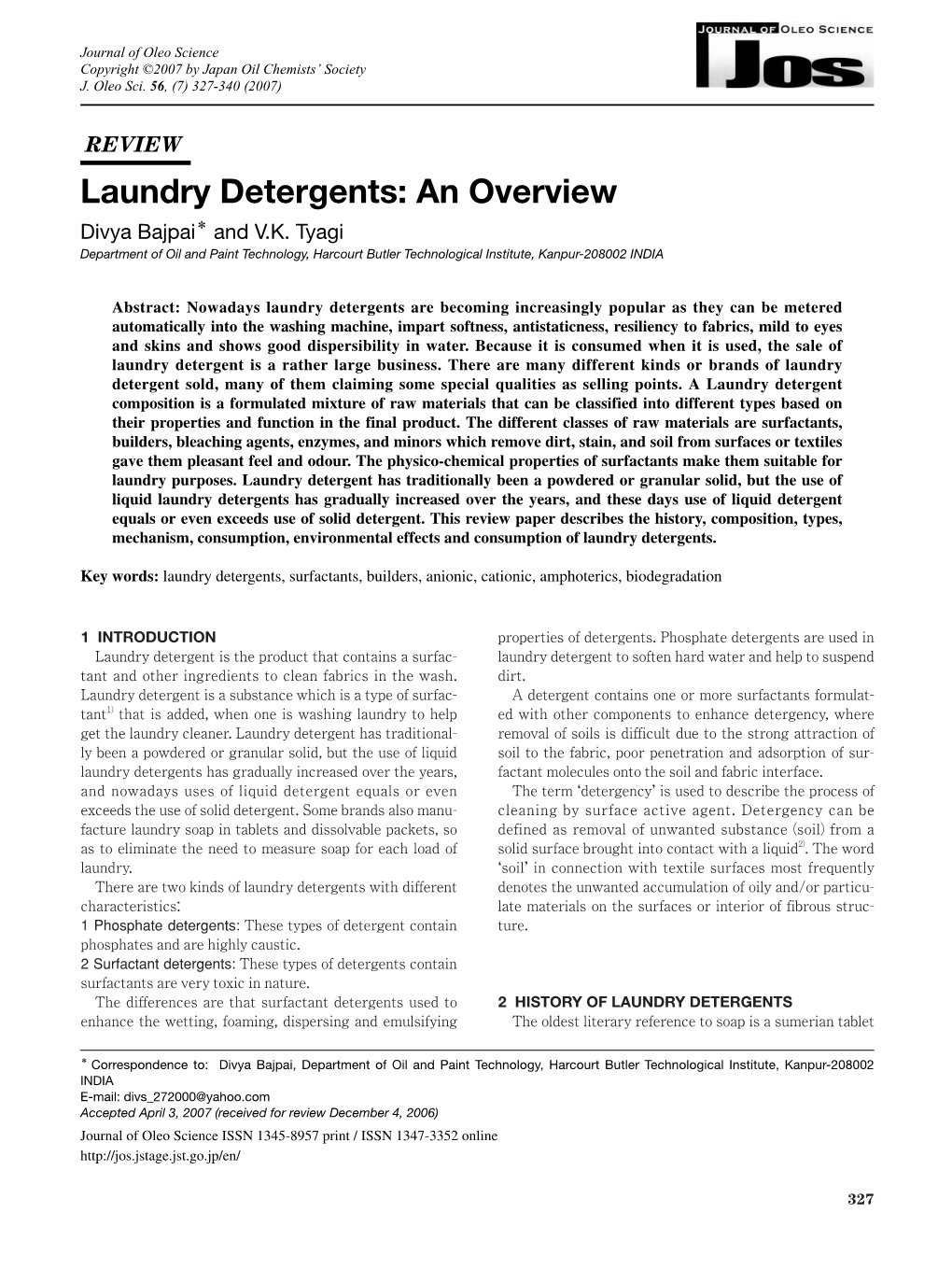 Laundry Detergents: an Overview Divya Bajpai＊ and V.K