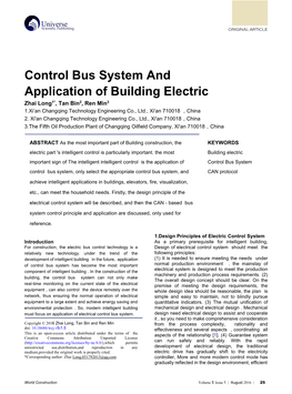 Control Bus System and Application of Building Electric Zhai Long1*, Tan Bin2, Ren Min3 1.Xi’An Changqing Technology Engineering Co., Ltd., Xi'an 710018 ，China 2