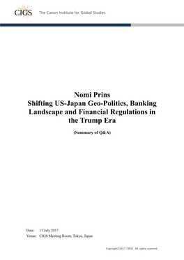 Nomi Prins Shifting US-Japan Geo-Politics, Banking Landscape and Financial Regulations in the Trump Era